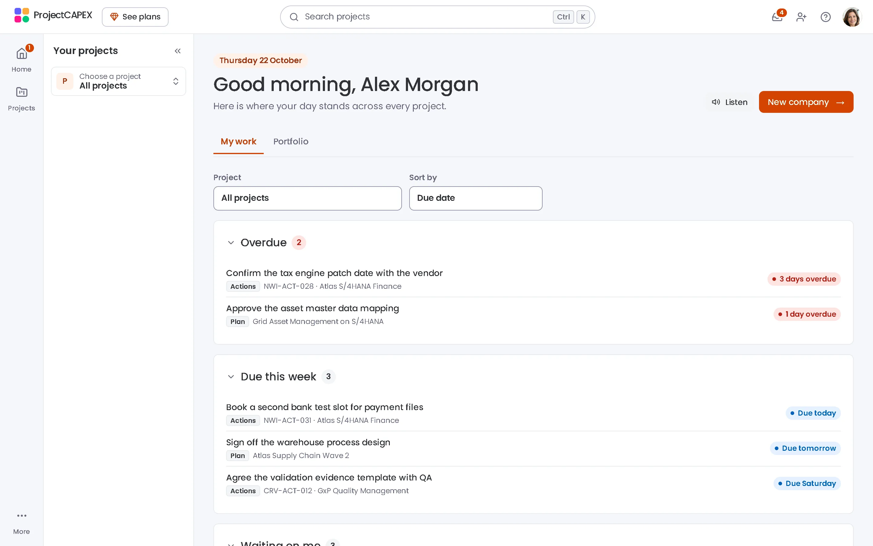 My work in ProjectCAPEX: overdue and due-this-week items across projects, with example data