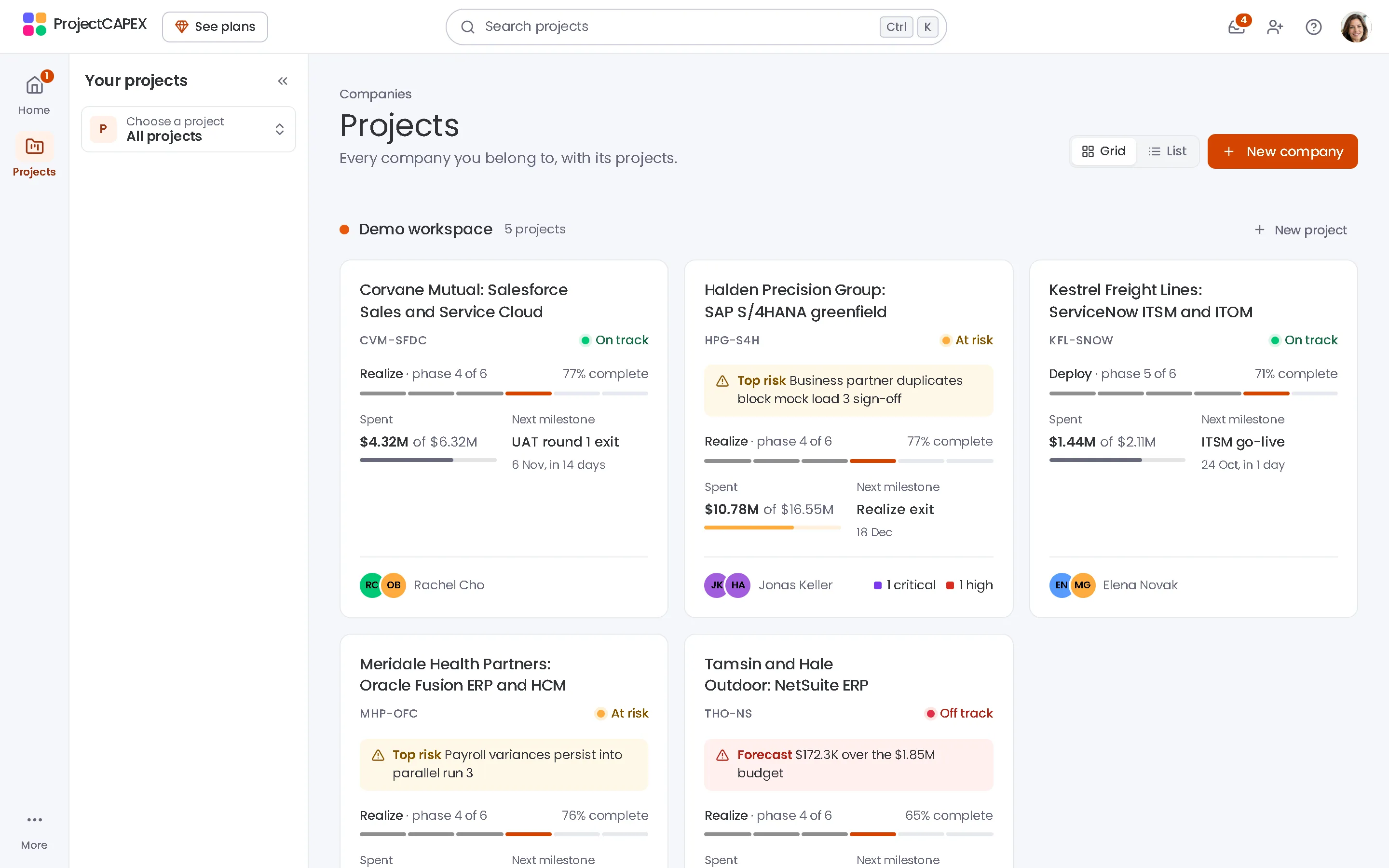 The Projects page in ProjectCAPEX: project cards with phase, health, spend and next milestone, with example data