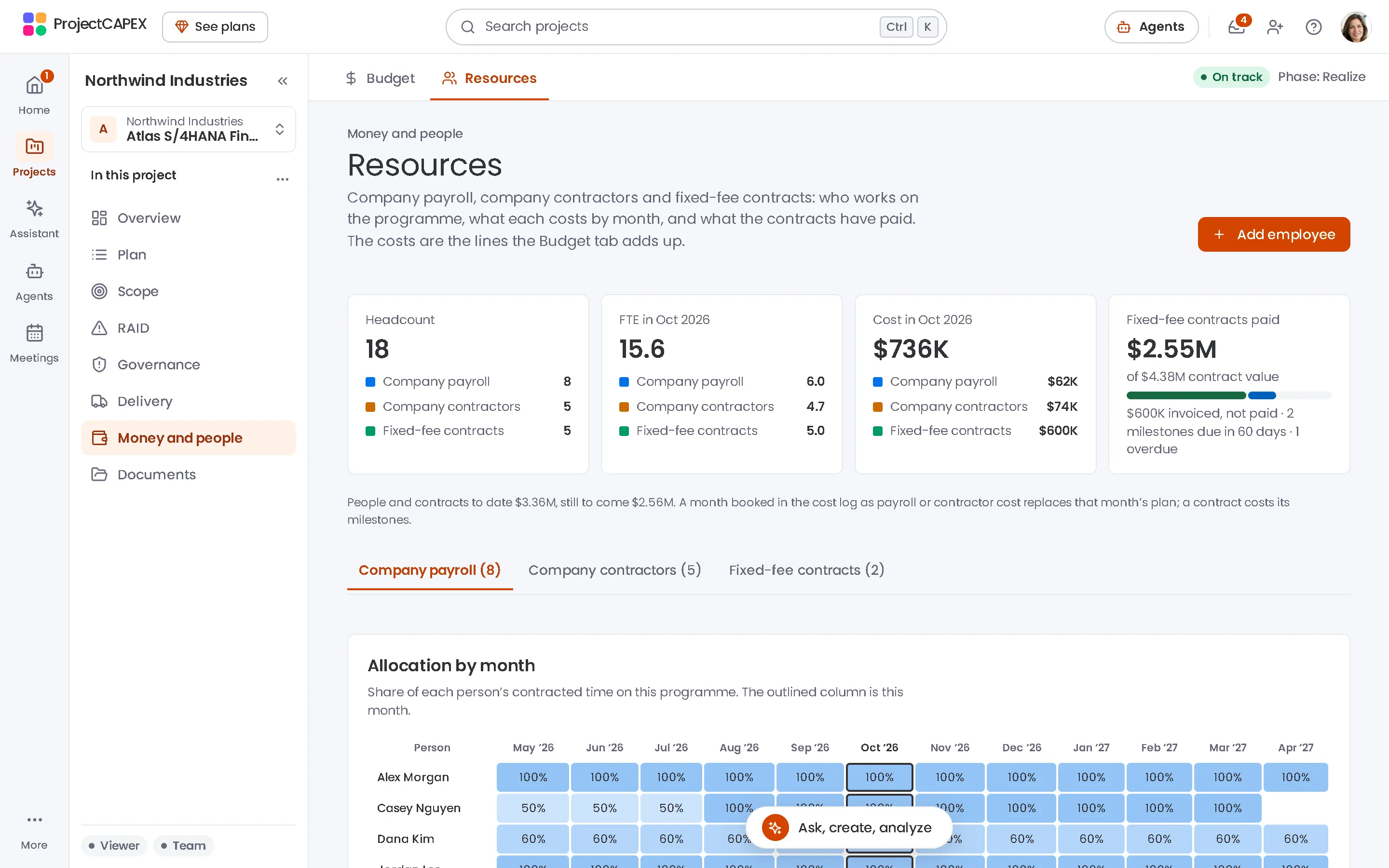 The Resources page in ProjectCAPEX: headcount, cost and allocation by month for each person, with example data