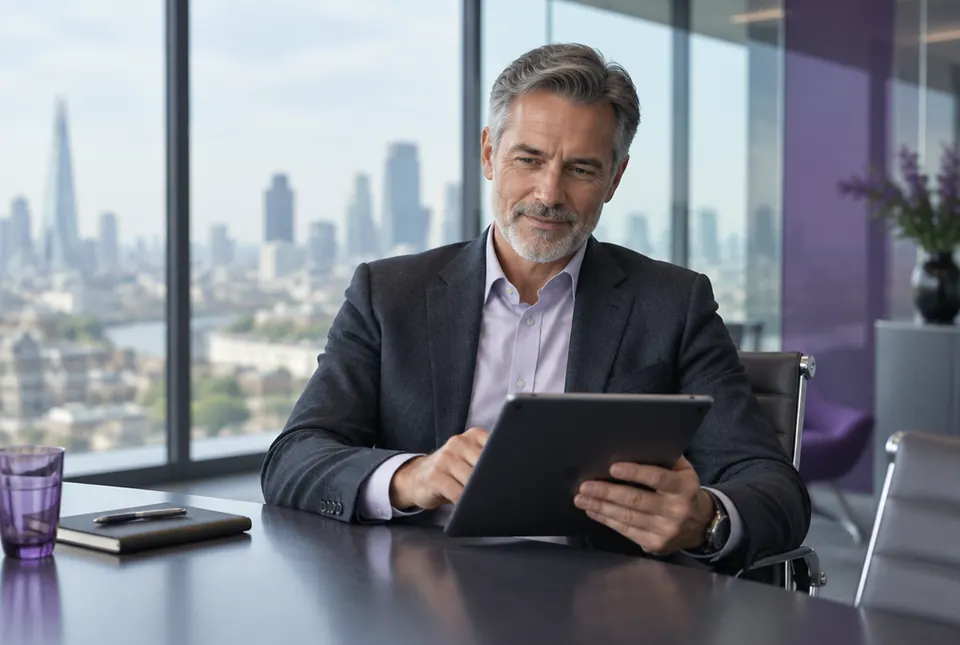 A technology executive reads a tablet at a desk in a glass office overlooking a city.