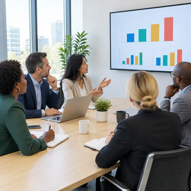 A steering group talks around a meeting table, with bar charts on the screen behind them.