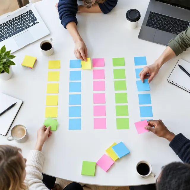 Hands arrange rows of coloured sticky notes on a table during a planning workshop.