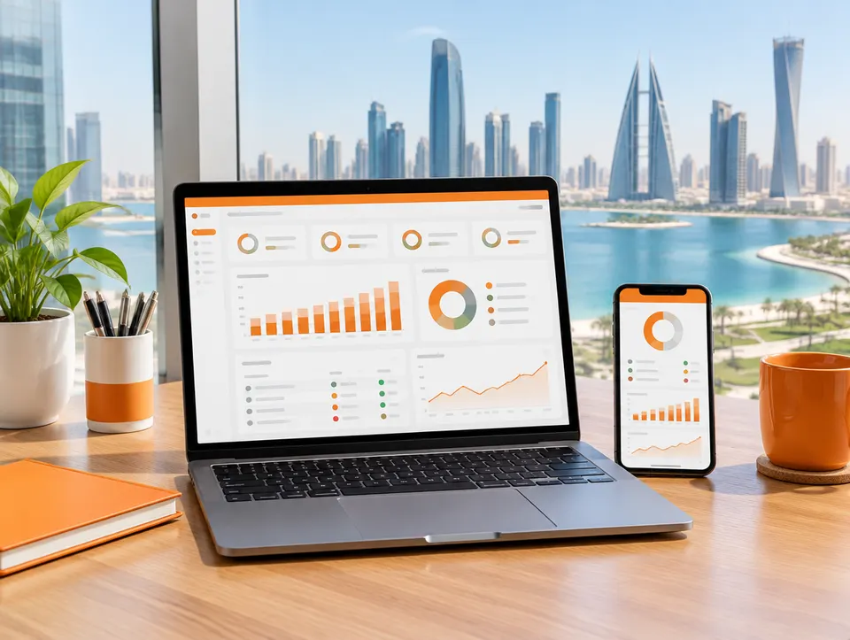 A laptop and a phone showing programme status dashboards on a desk by a window, with a city waterfront behind.