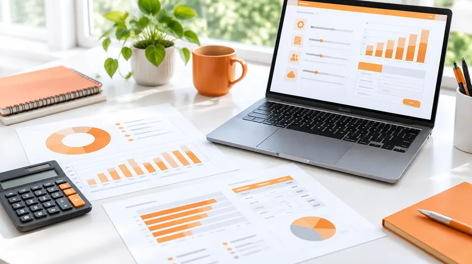 Printed cost breakdown charts, a calculator and a laptop showing an implementation cost model on a desk.