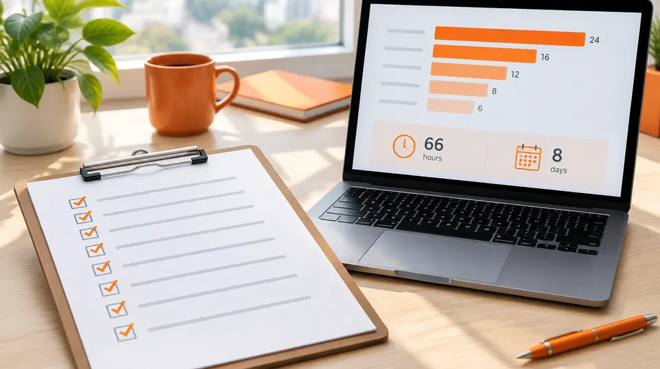 A cutover checklist on a clipboard with every item ticked, beside a laptop showing an effort estimate.