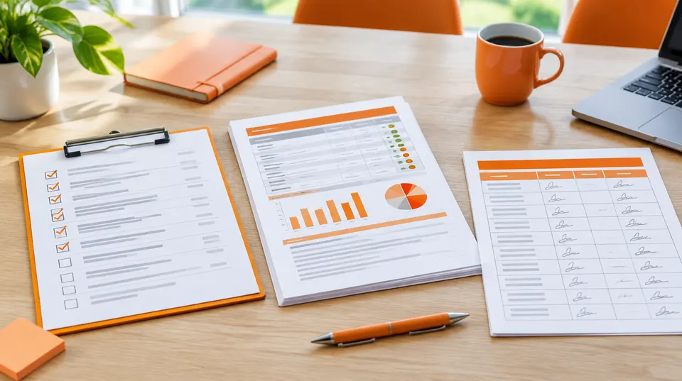 A gate review checklist with ticks, a test execution report and a signed sign-off sheet on a meeting table.