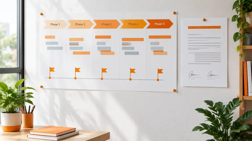 A planning wall with a five-phase roadmap and milestone flags, and a signed project charter pinned beside it.