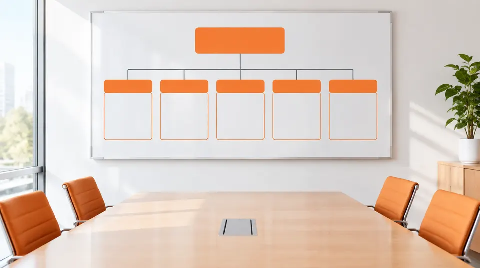 A programme structure of a steering committee over five workstreams drawn on a whiteboard above a meeting table.
