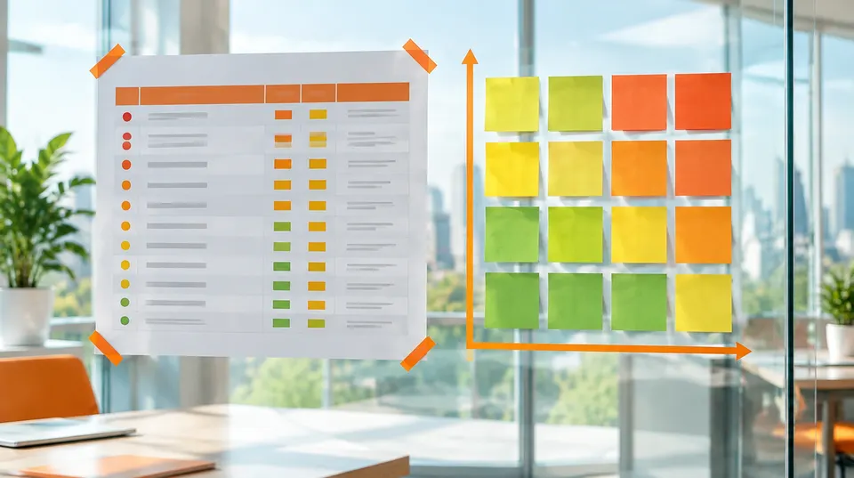 A risk register printout and a likelihood and impact grid of coloured sticky notes on a glass wall.