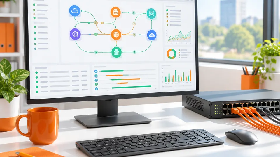 A monitor showing an integration dashboard of message flows between systems, beside a network switch.