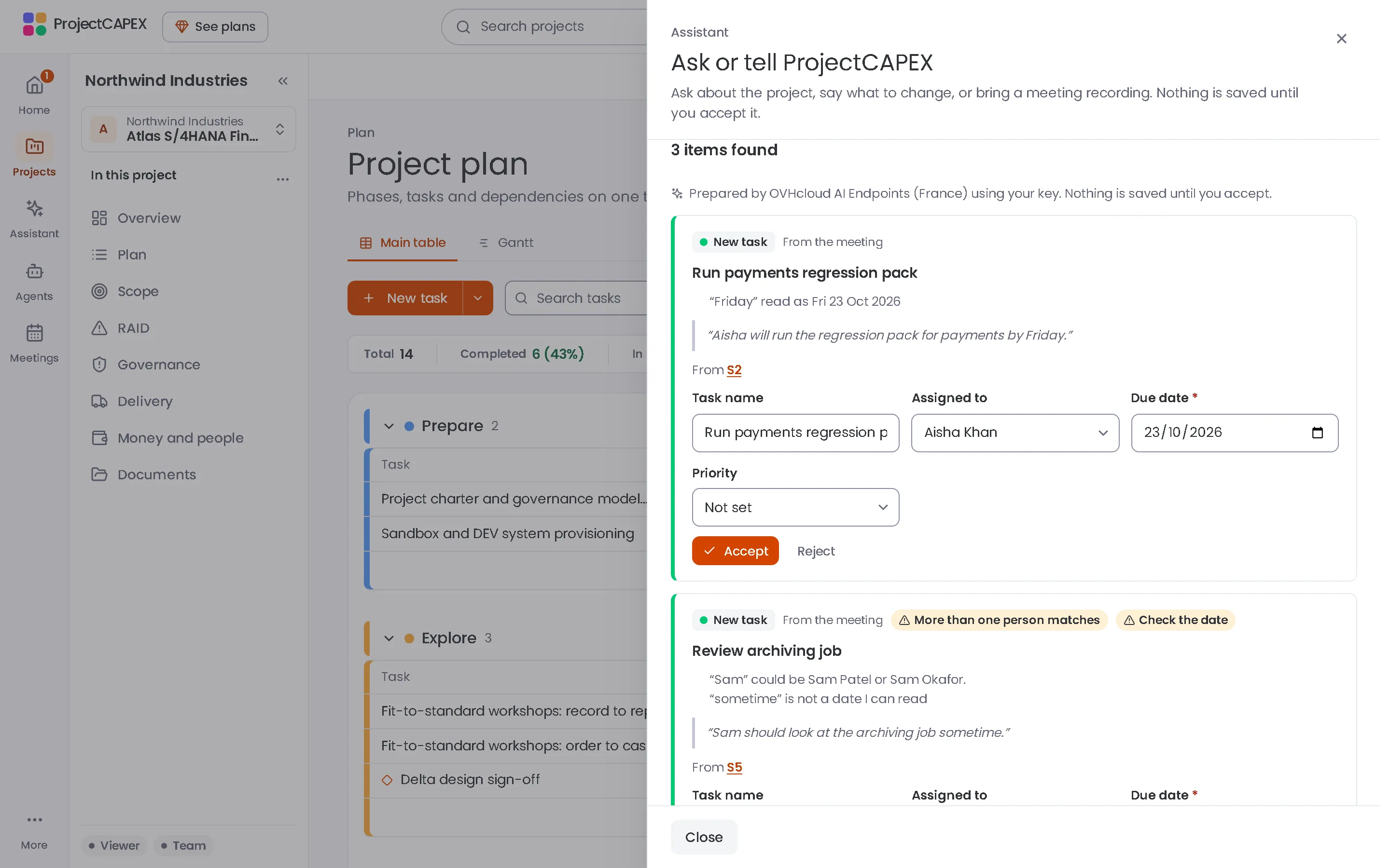 ProjectCAPEX assistant with an imported meeting: proposed tasks, each linked to its transcript passage and waiting to be accepted, with example data