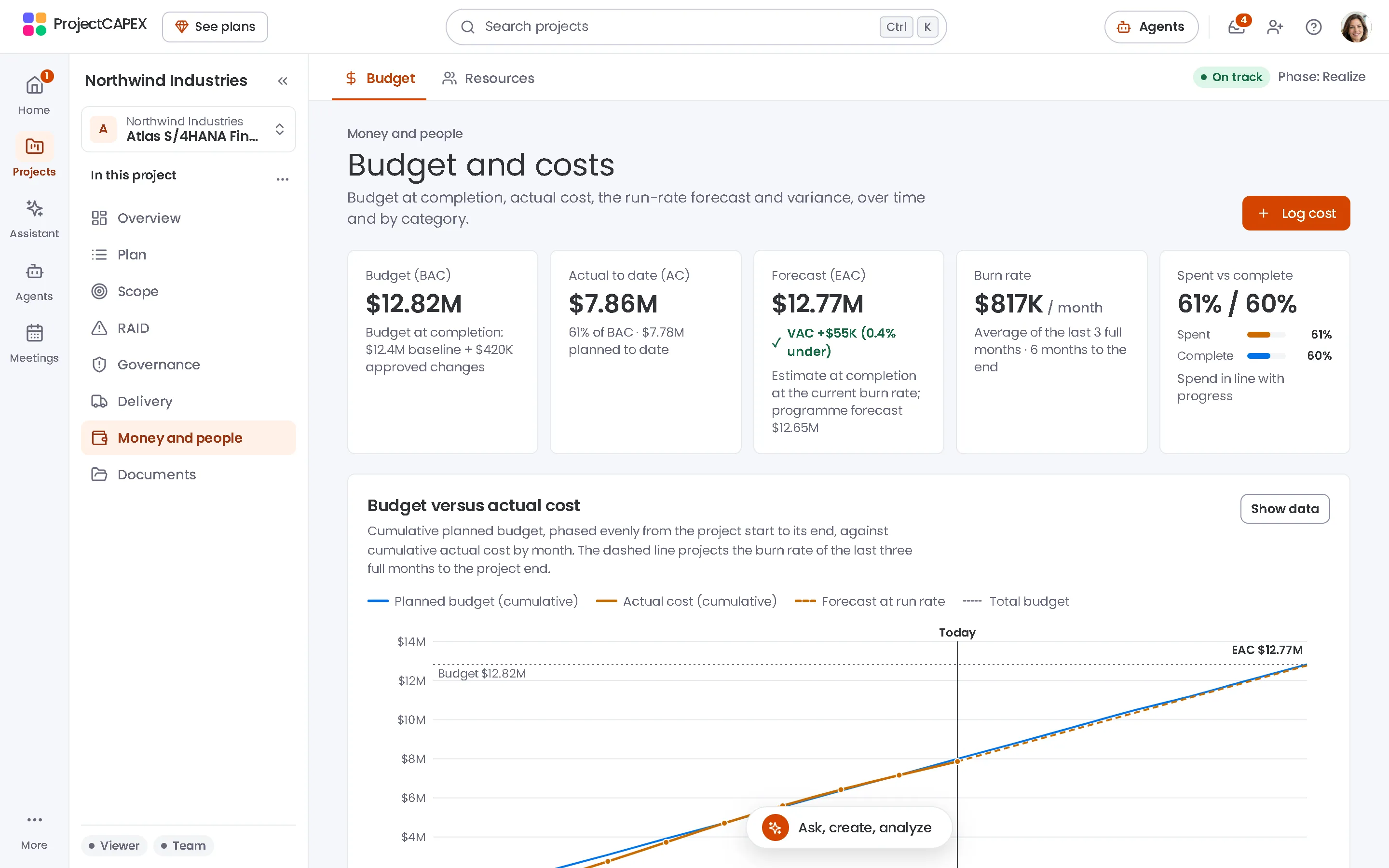 ProjectCAPEX budget view with example data