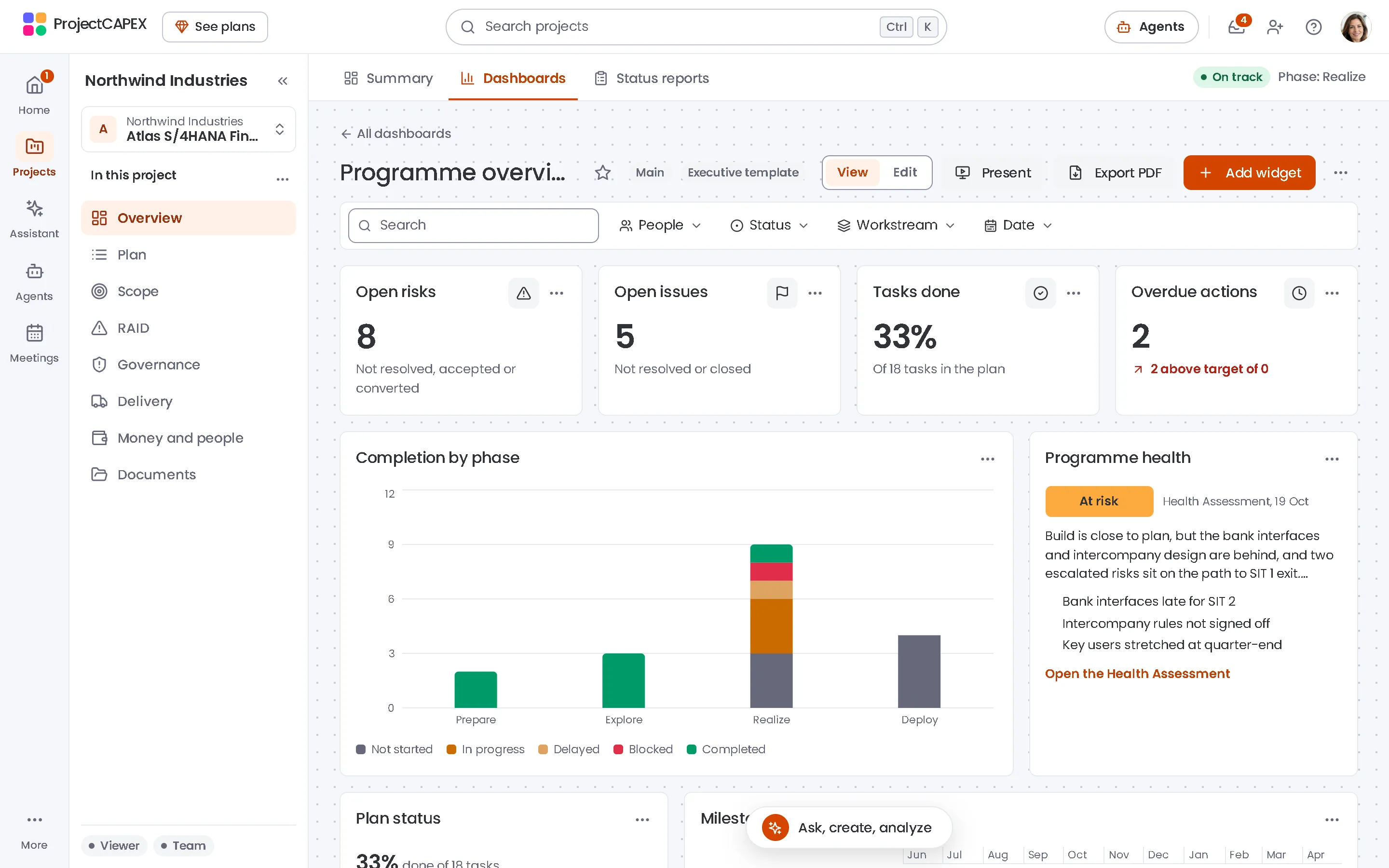 ProjectCAPEX dashboard built from widgets, with quick filters, Present and Export PDF, with example data