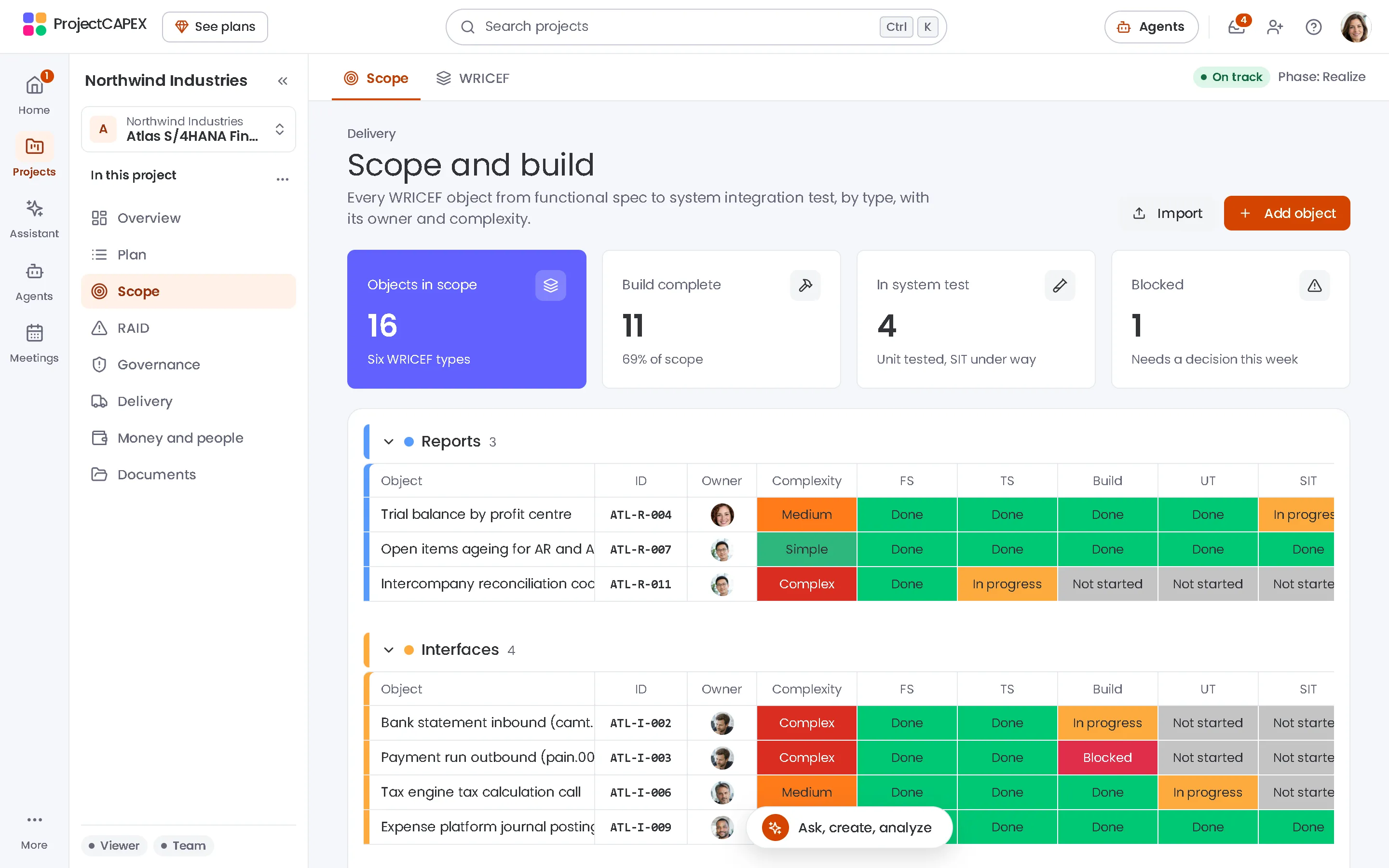 ProjectCAPEX scope and build board of WRICEF objects by stage, with example data